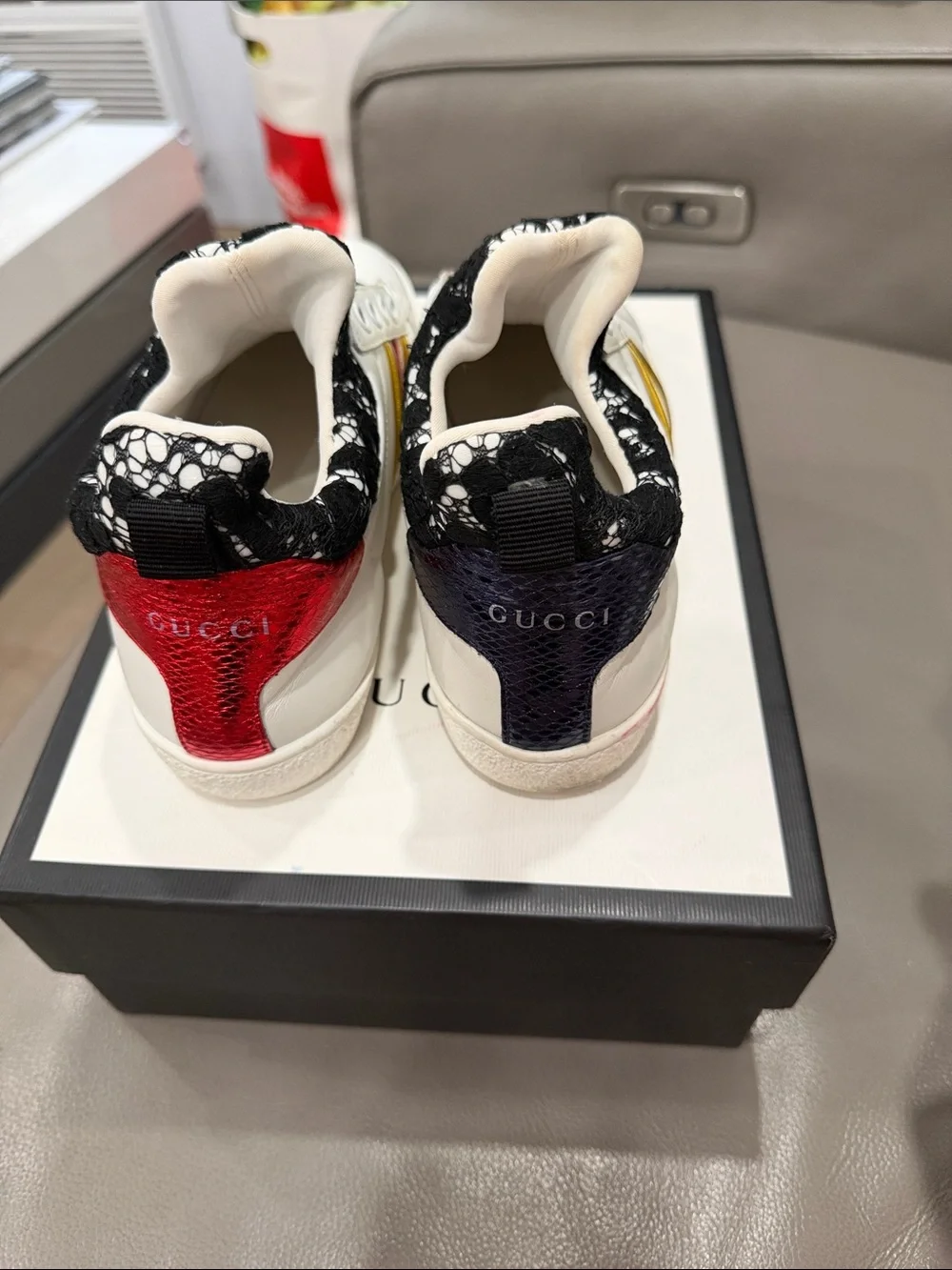 Gucci White Sneakers with Red, Blue & Gold Stripes and Black Lace Collar
